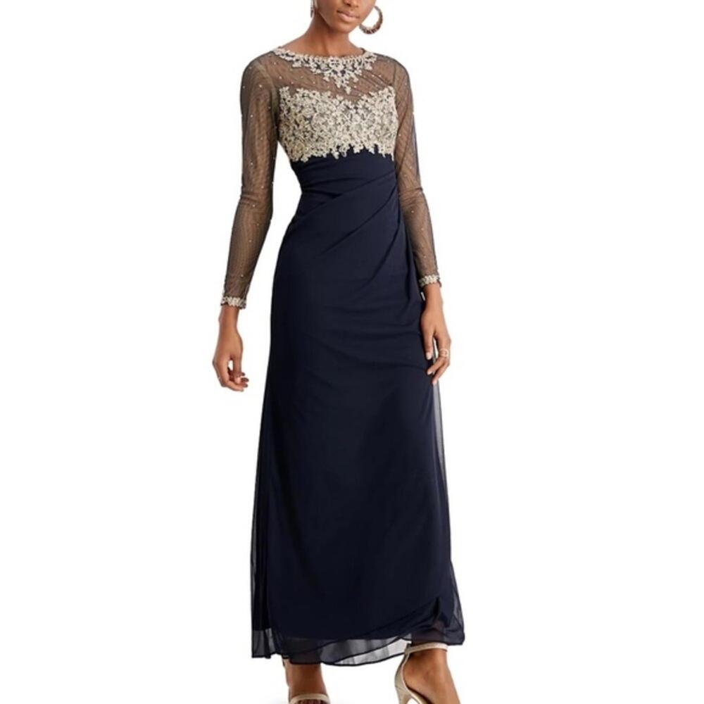 XSCAPE  Embellished Illusion-Bodice Ruched Gown Long Sleeve Modest sz 10P NWT - Picture 3 of 12
